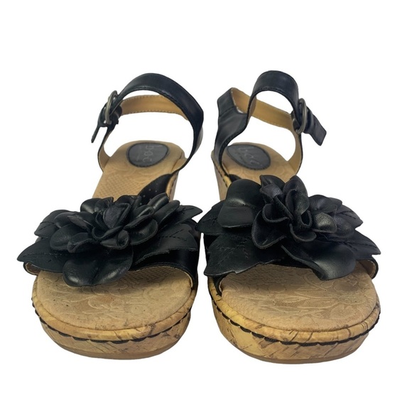 b.o.c. Black Soft Leather Flower Slingback Cork Heels Sandals Sz 9/40.5 - Picture 3 of 9